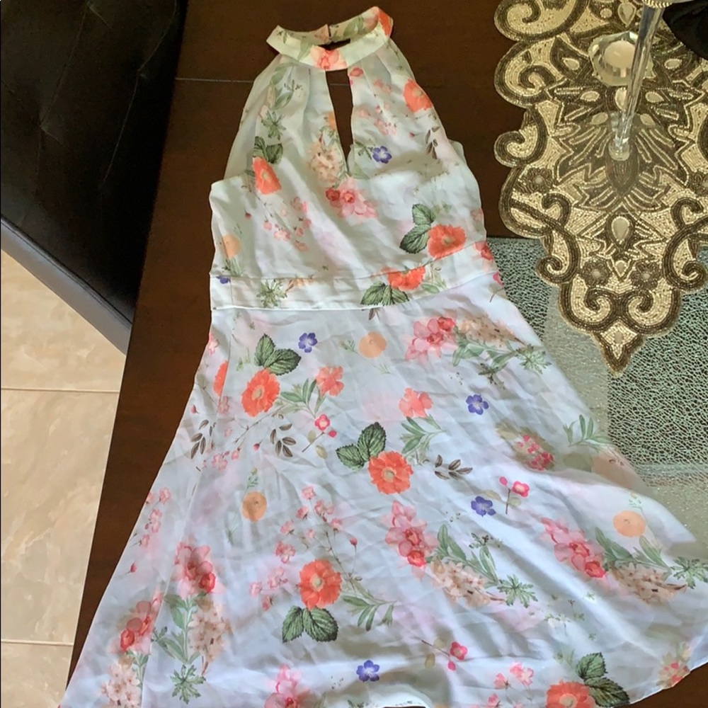 A blue floral v cut dress
